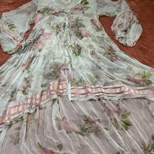 Rococo Sand Sheer White Floral Tiered Dress with Pink Ribbon Trim